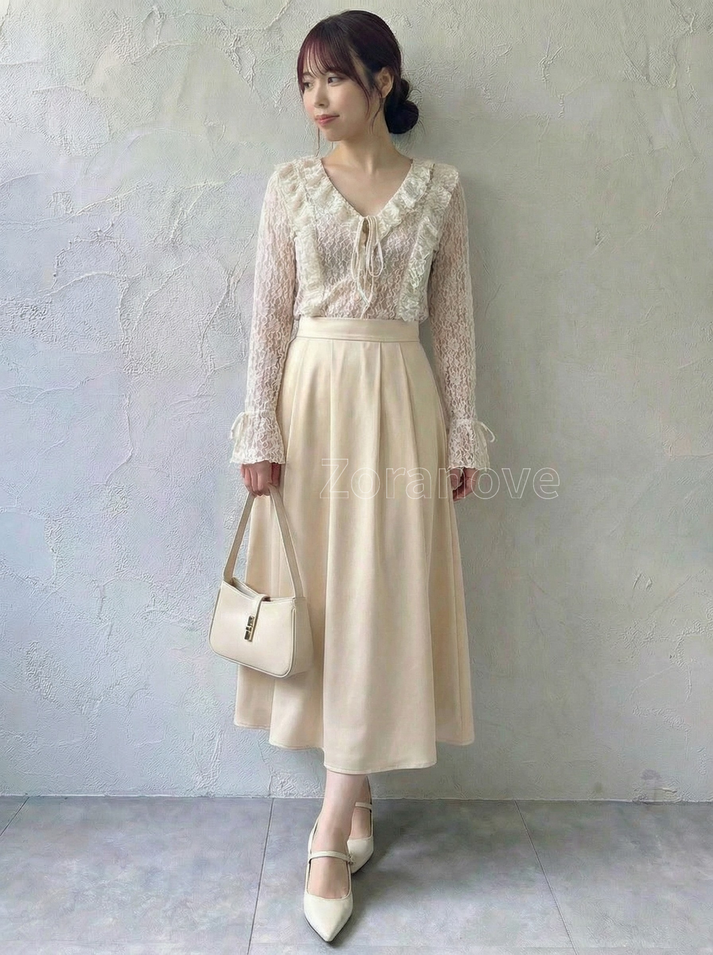 蕾絲透視荷葉邊綁帶長袖上衣