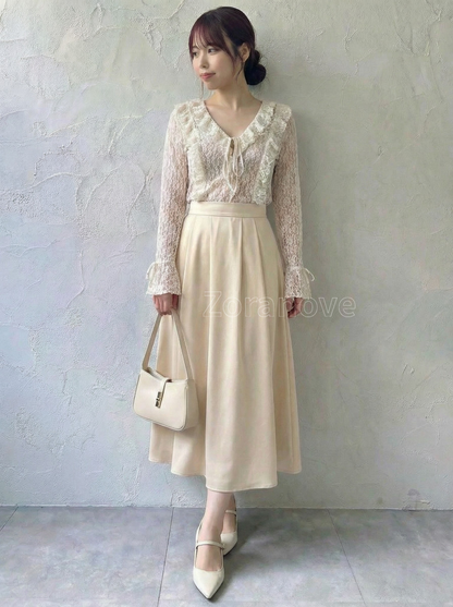 蕾絲透視荷葉邊綁帶長袖上衣