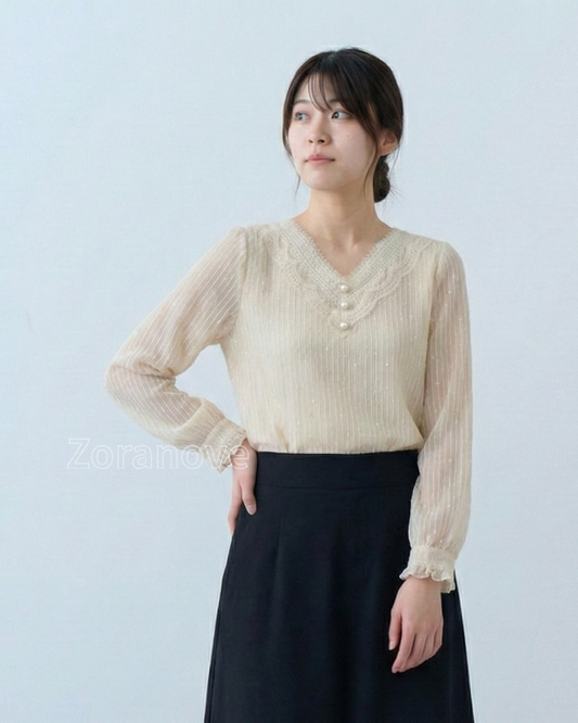 蕾絲V領珍珠鈕扣直條紋雪紡上衣