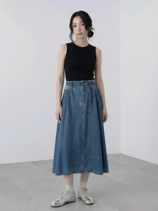高腰繫繩褶皺A字牛仔裙