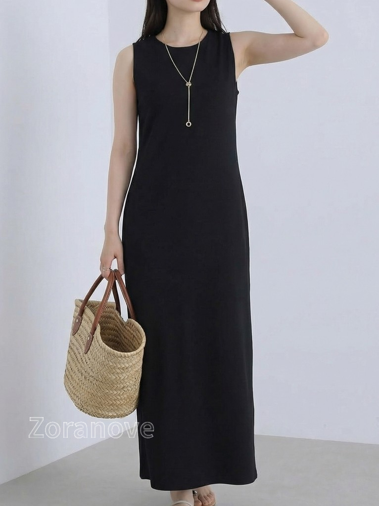 圓領短袖直筒垂墜感長版洋裝