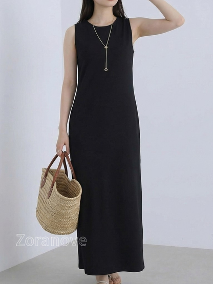 圓領短袖直筒垂墜感長版洋裝
