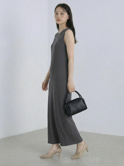 圓領短袖直筒垂墜感長版洋裝