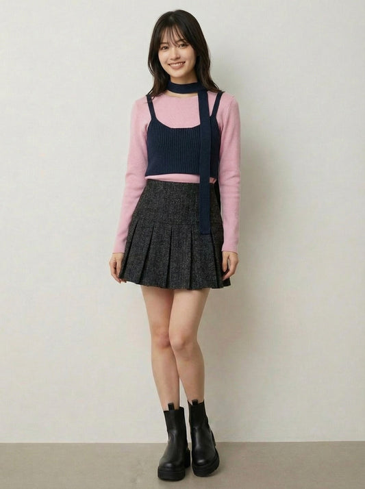 撞色疊穿短版背心式針織上衣三件組