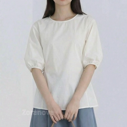 泡泡袖收腰V背開衩襯衫