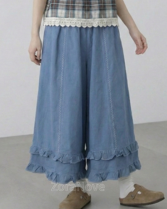 寶藍色高腰鬆緊腰褶邊闊腿長褲