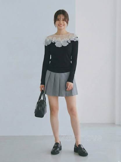 網紗拼接一字領立體花朵長袖T恤