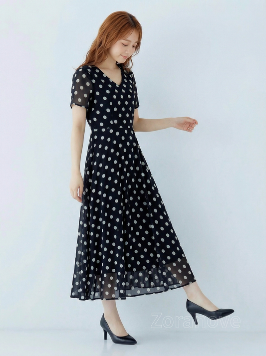 V領收腰大擺雪紡波點洋裝