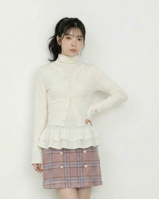 高領開衫風假兩件蛋糕下擺打底上衣