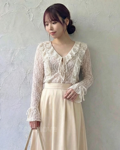 蕾絲透視荷葉邊綁帶長袖上衣