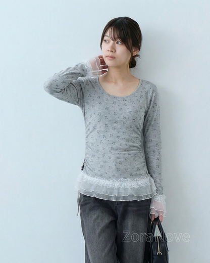 方領修身蕾絲拼接長袖T恤