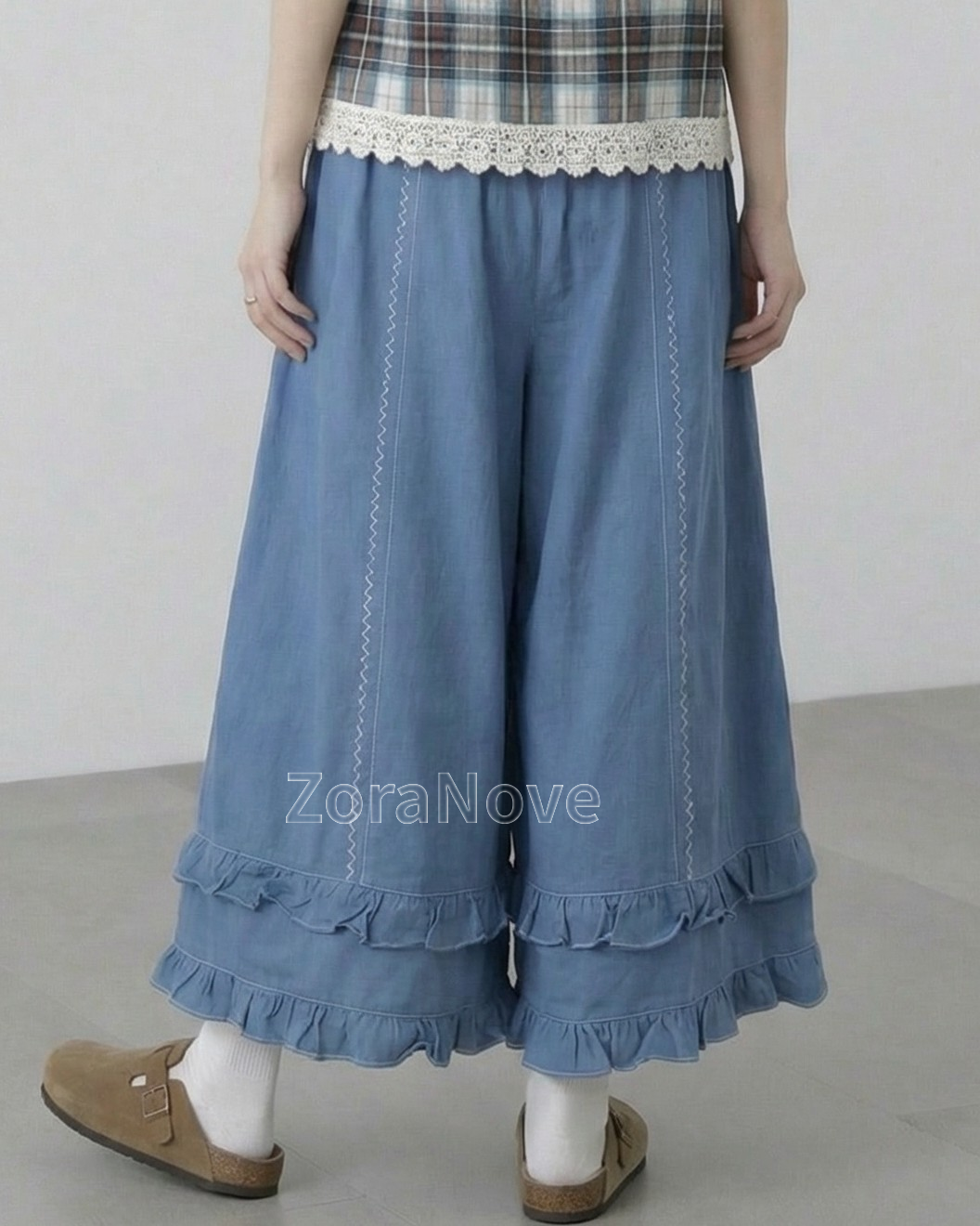 寶藍色高腰鬆緊腰褶邊闊腿長褲