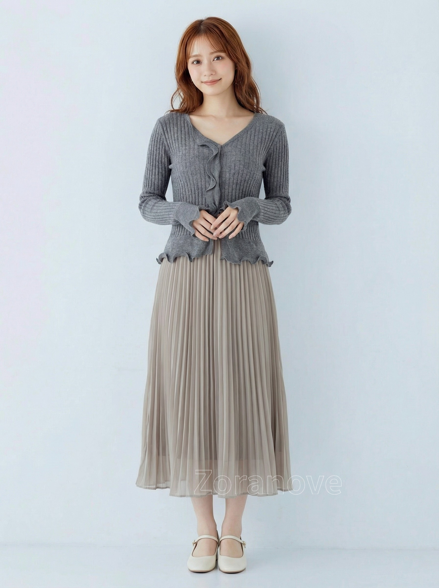 灰階V領荷葉邊修身羅紋針織上衣