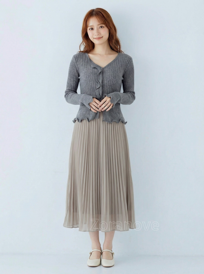 灰階V領荷葉邊修身羅紋針織上衣