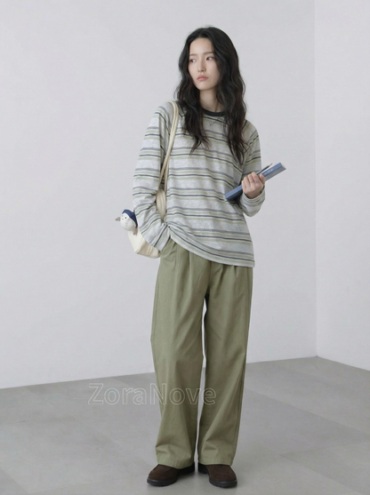 深綠色條紋寬鬆落肩長袖T恤