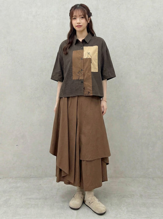 拼色貼布印花襯衫＋不規則層次感半身裙兩件式套裝