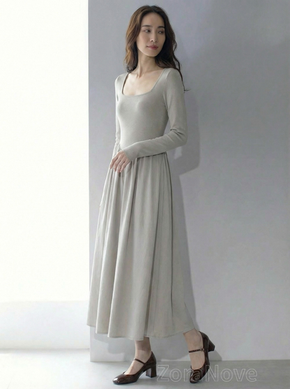 方領修身剪裁＋下擺大擺針織連身裙