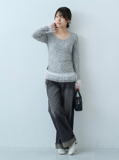 方領修身蕾絲拼接長袖T恤