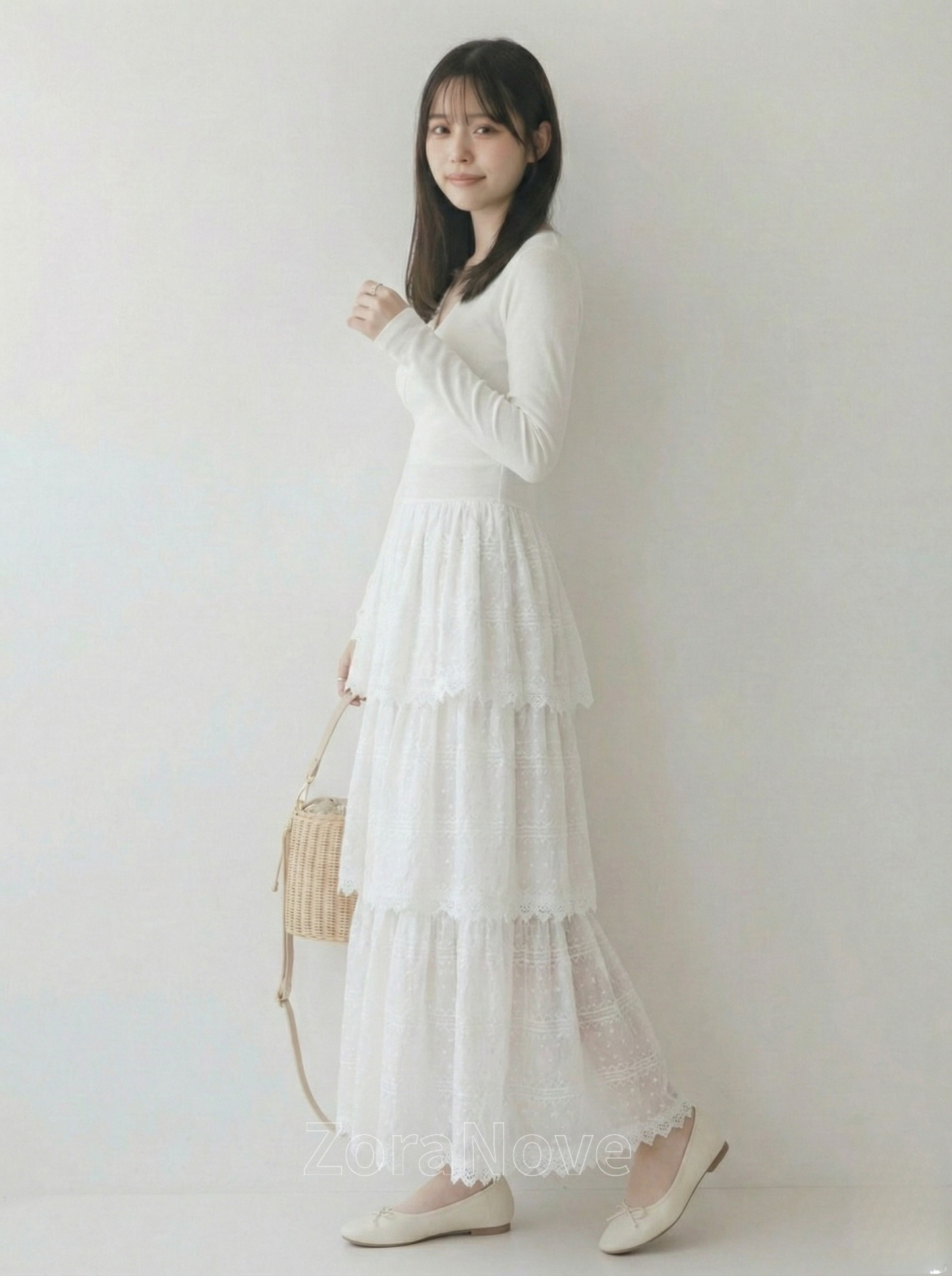 V領收腰拼接層疊裙擺長袖A字洋裝