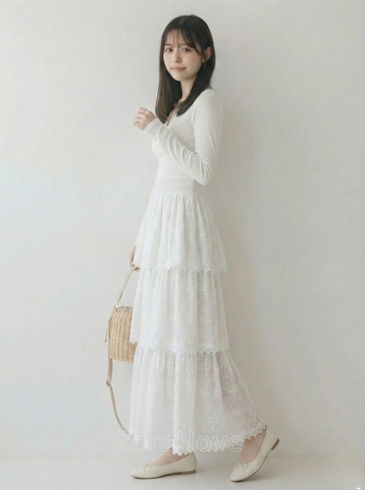 V領收腰拼接層疊裙擺長袖A字洋裝