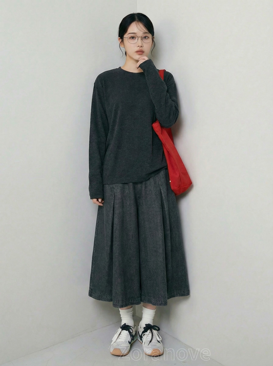 鬆緊高腰褶皺寬褲七分牛仔褲