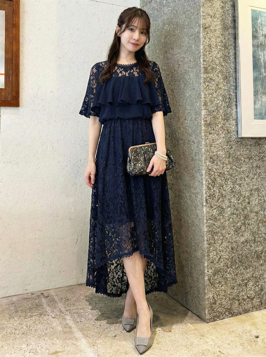荷葉層次拼接・不規則前短後長下擺・蕾絲洋裝