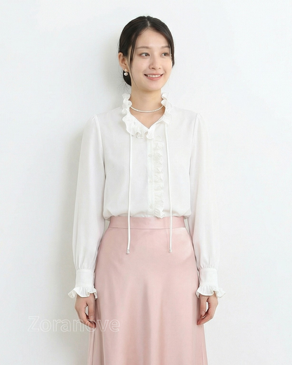 荷葉邊立領綁帶長袖襯衫