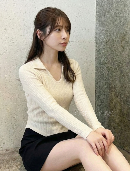 翻領U領修身坑條針織衫