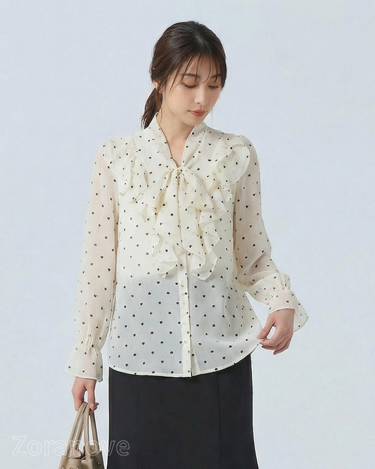 杏色愛心印花飄帶荷葉邊襯衫