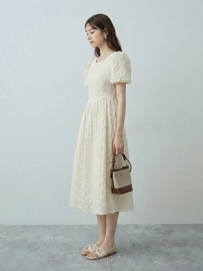 立體提花泡泡袖短袖收腰A字長裙