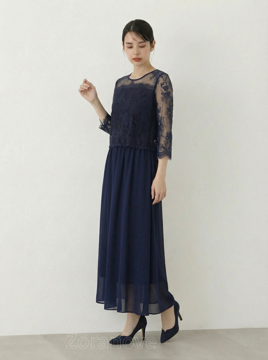 蕾絲罩衫拼接飄逸A字擺假兩件式中長洋裝