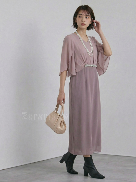 V領披肩袖收腰直筒長版洋裝