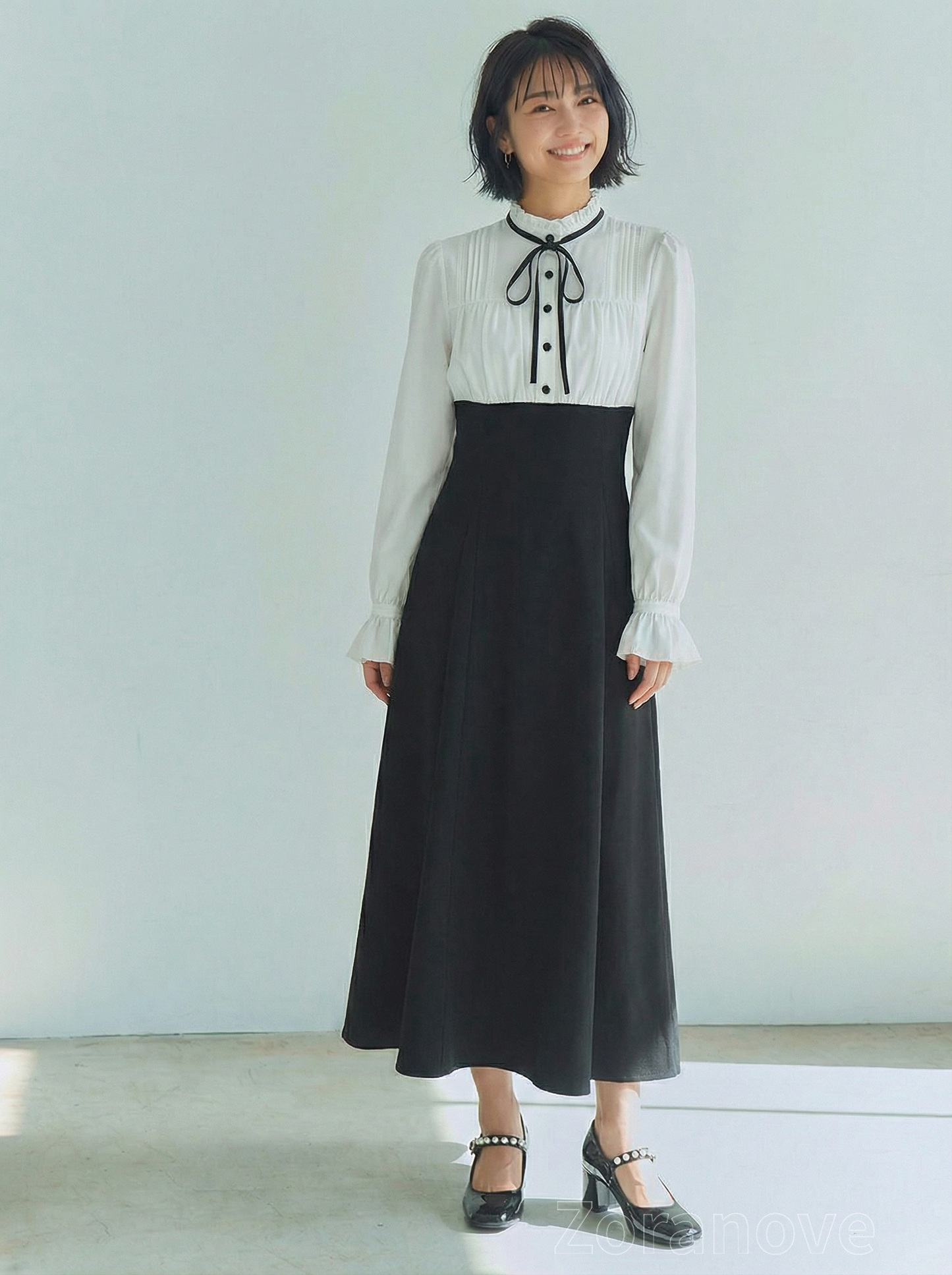 蝴蝶結立領拼接高腰收腰假兩件連身裙