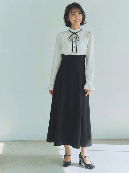 蝴蝶結立領拼接高腰收腰假兩件連身裙