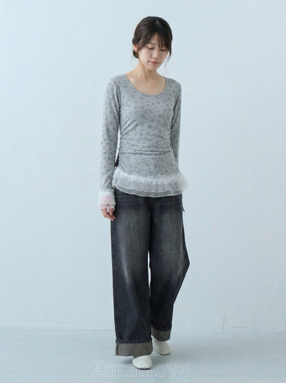 方領修身蕾絲拼接長袖T恤