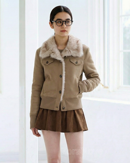 毛絨翻領短版收腰連帽衛衣外套