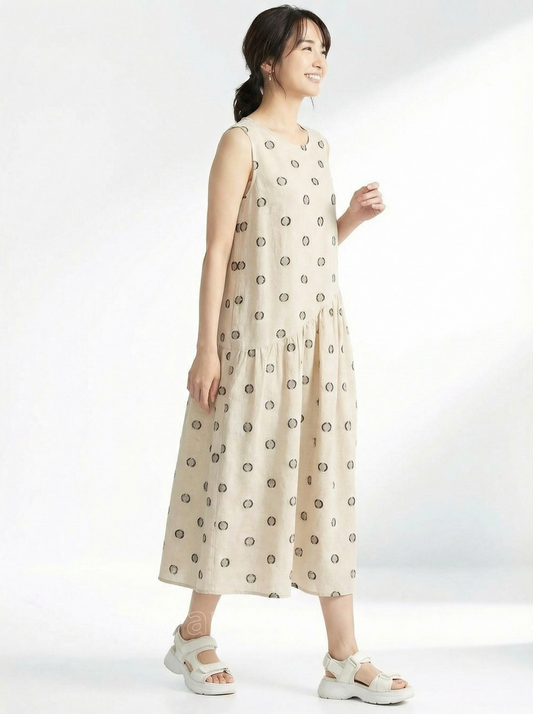 淺米色波點印花寬鬆A字無袖背心洋裝