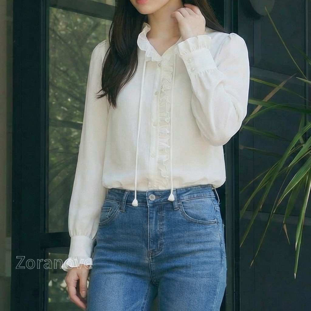 荷葉邊立領綁帶長袖襯衫