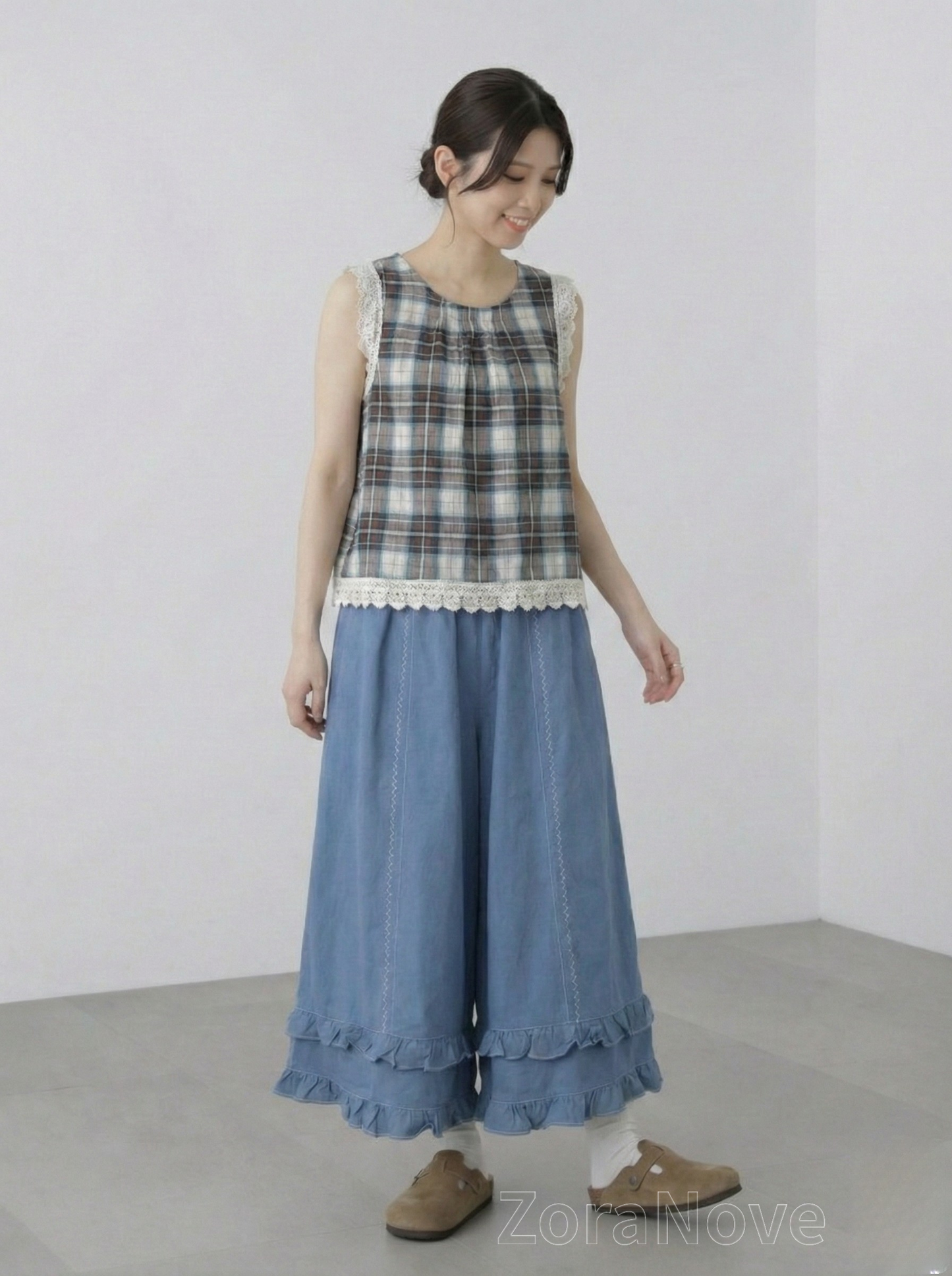 寶藍色高腰鬆緊腰褶邊闊腿長褲