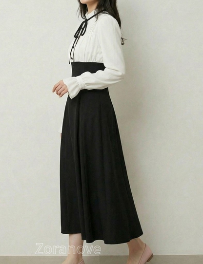 蝴蝶結立領拼接高腰收腰假兩件連身裙