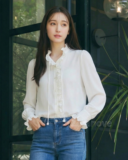 荷葉邊立領綁帶長袖襯衫