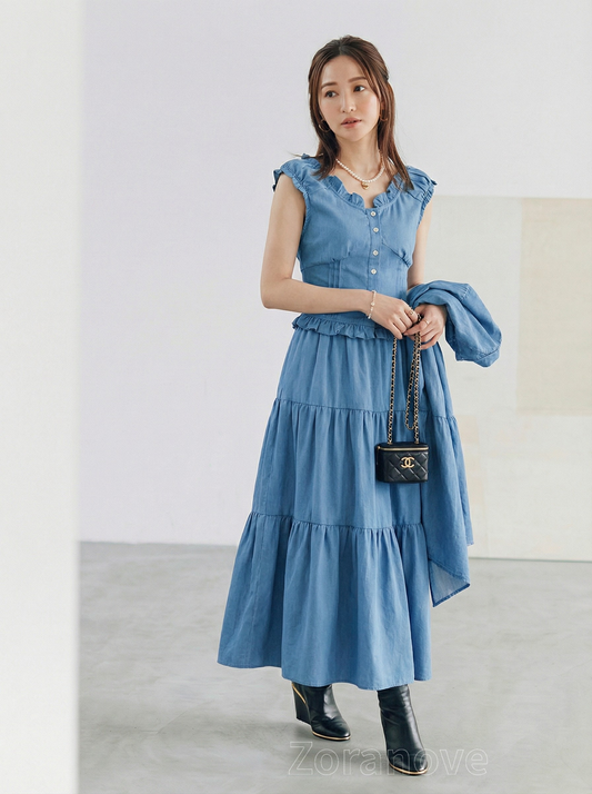 寶藍色荷葉邊排釦吊帶背心＋三層蛋糕裙半身裙兩件式套裝