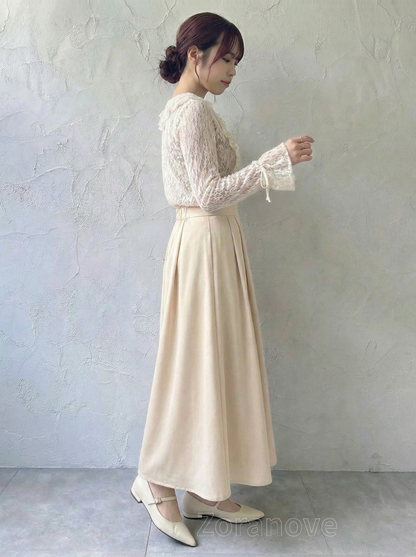 蕾絲透視荷葉邊綁帶長袖上衣