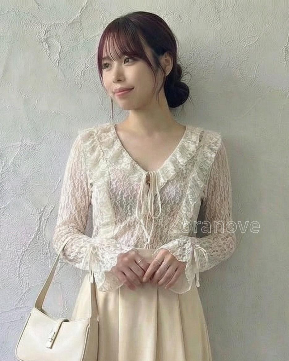 蕾絲透視荷葉邊綁帶長袖上衣