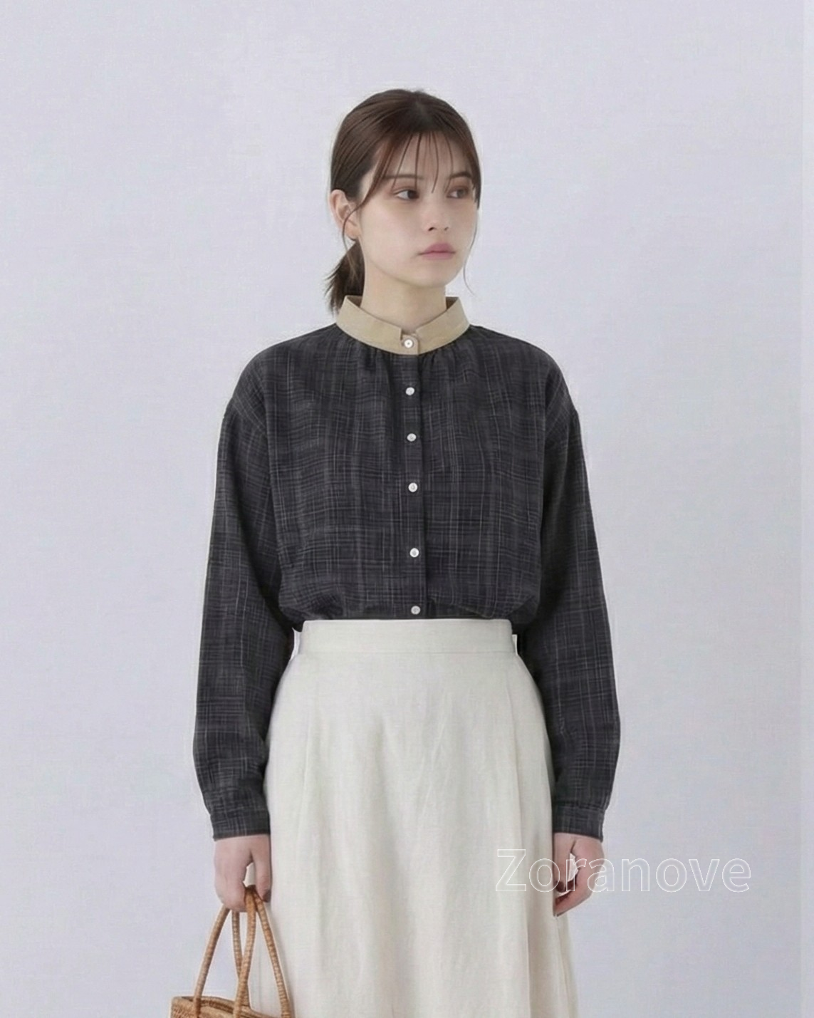 黑色千鳥格紋立領寬鬆長袖襯衫