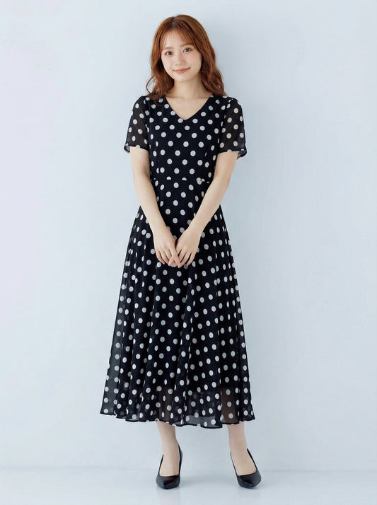 V領收腰大擺雪紡波點洋裝