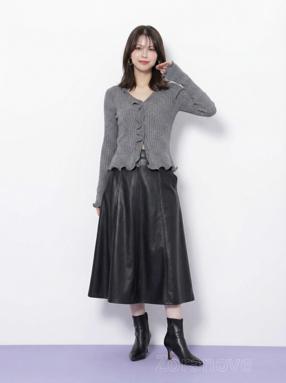 灰階V領荷葉邊修身羅紋針織上衣
