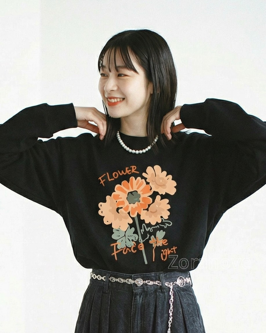 寬鬆落肩花卉印花圓領衛衣