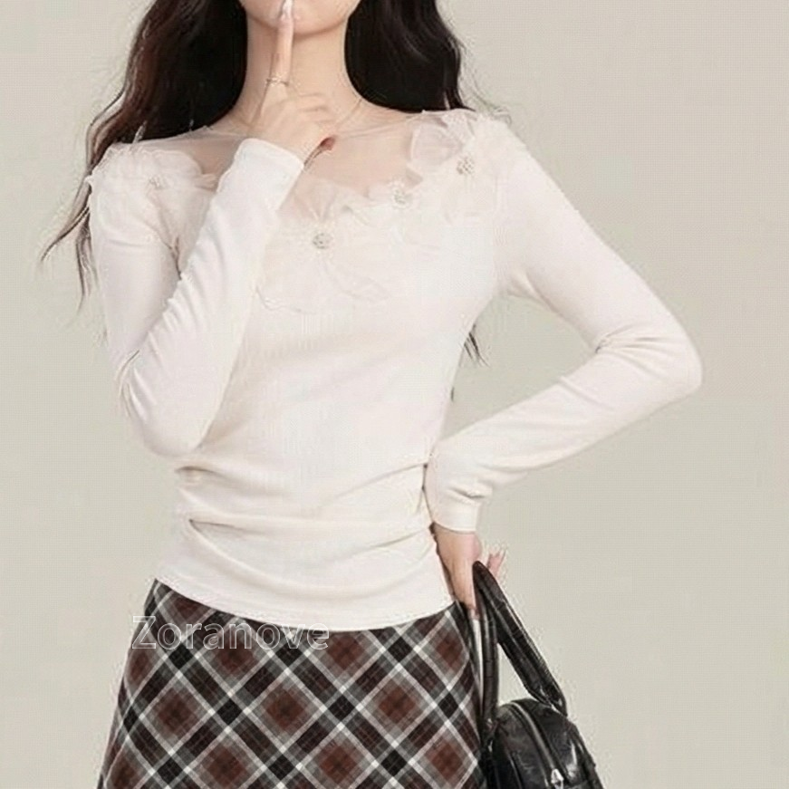 網紗拼接一字領立體花朵長袖T恤