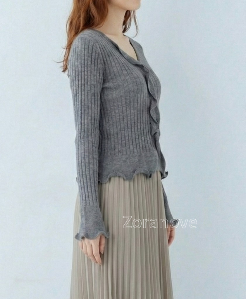 灰階V領荷葉邊修身羅紋針織上衣